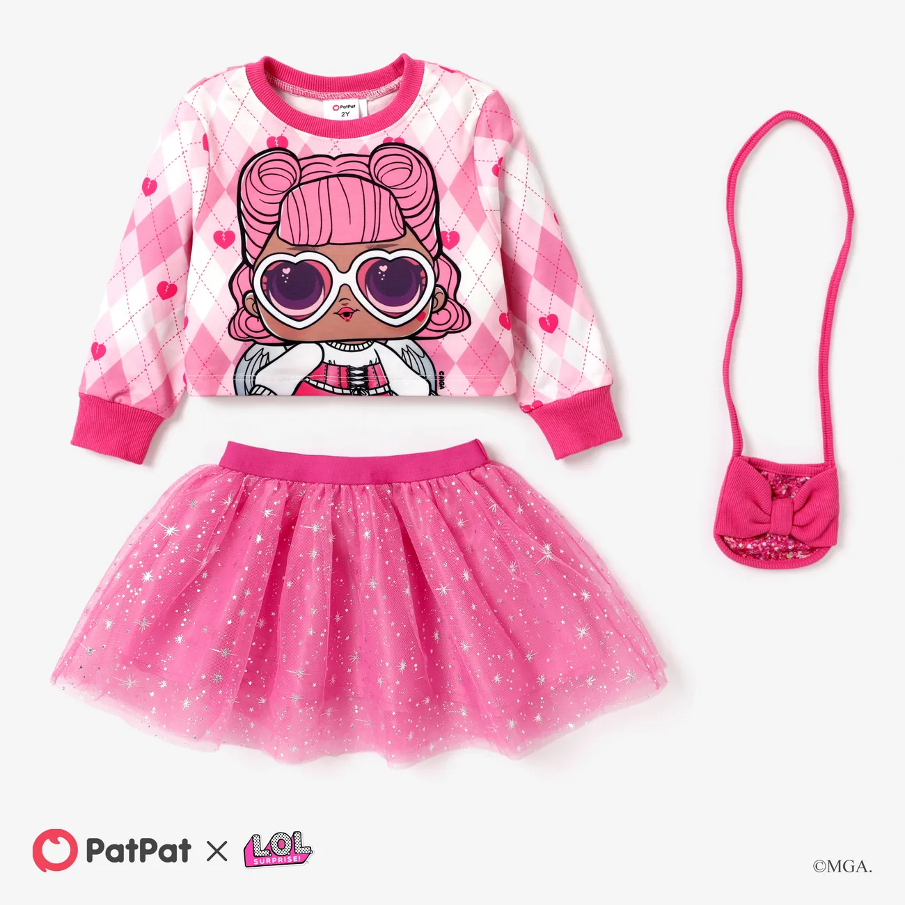 L.O.L. SURPRISE! Toddler Girl Glitter Hem Character Pattern Top with Crossbody Bag Skirt Suit Roseo big image 1