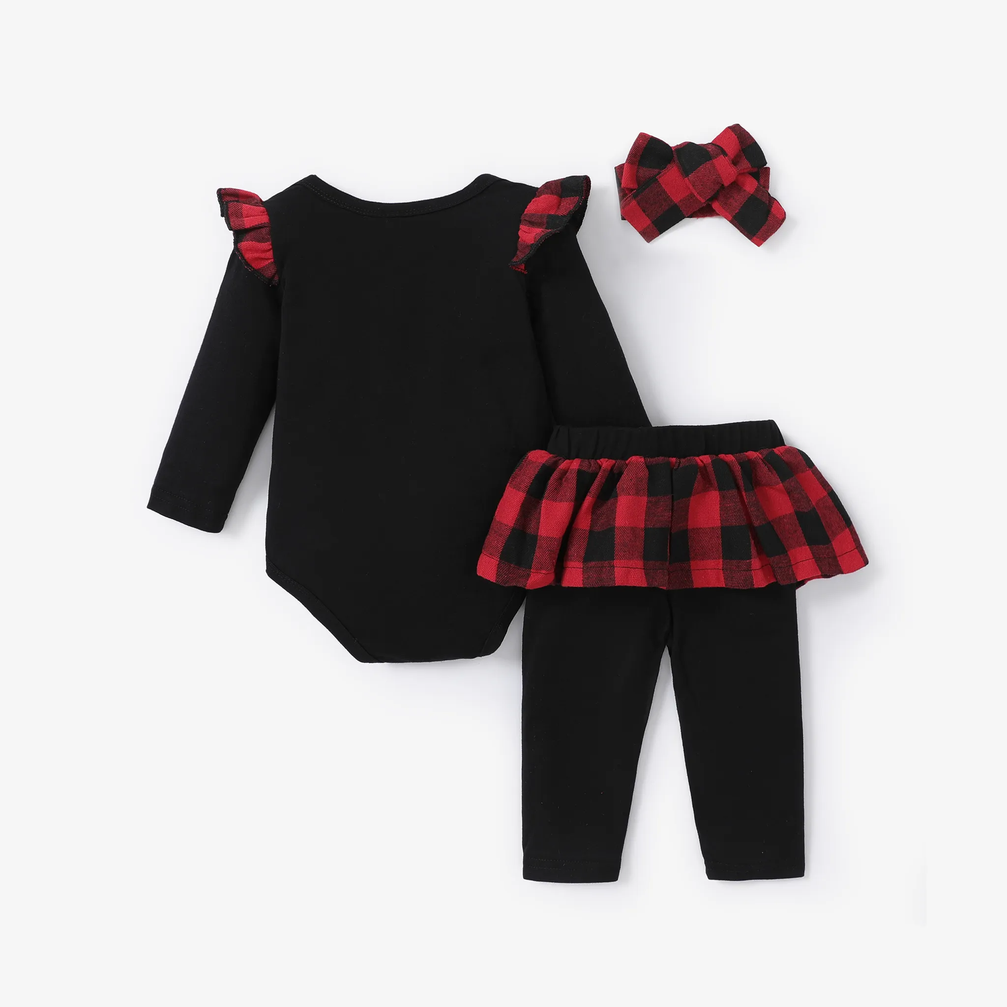 Christmas 3pcs Baby Girl 95% Cotton Ruffle Long-sleeve Graphic Black Romper and Plaid Spliced Pants with Headband Set  image 2