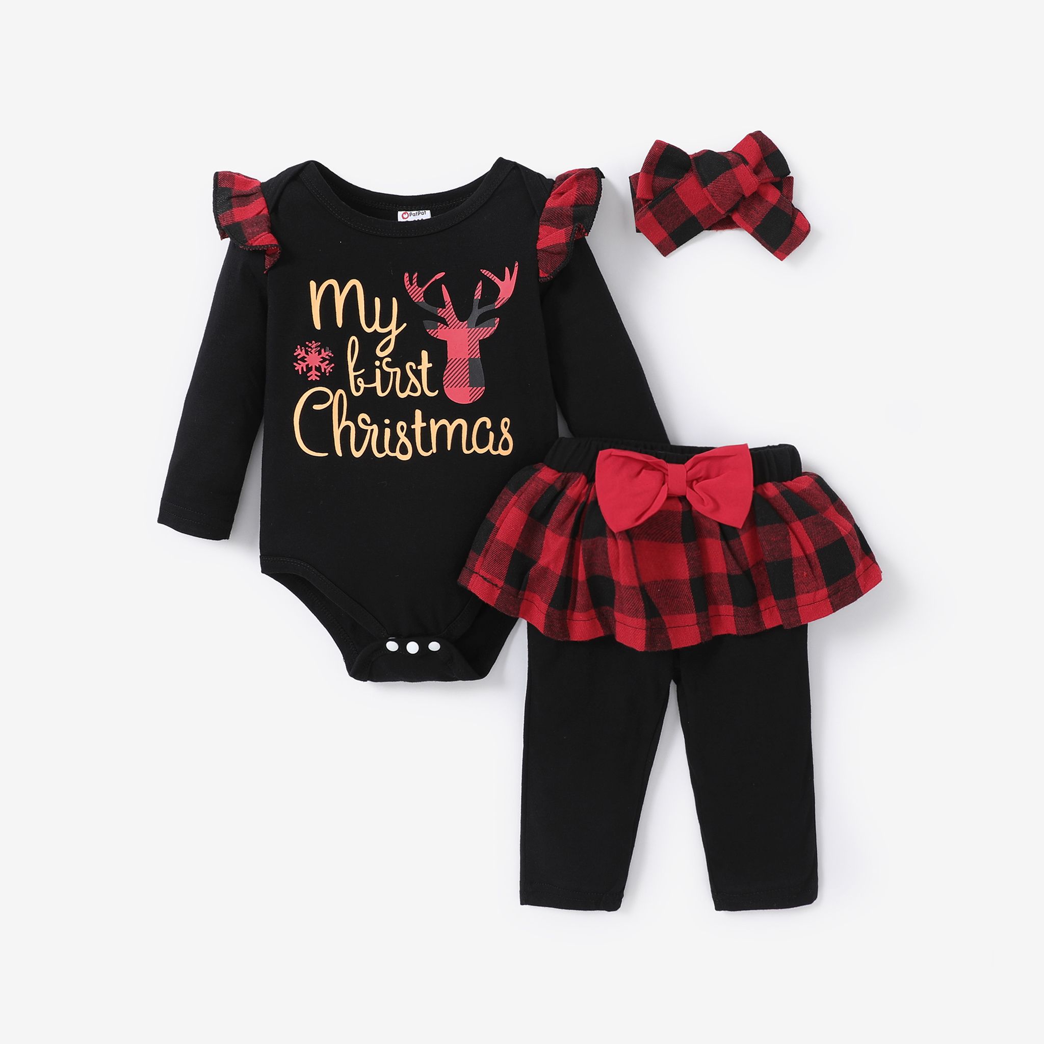 Christmas 3pcs Baby Girl 95% Cotton Ruffle Long-sleeve Graphic Black Romper and Plaid Spliced Pants 