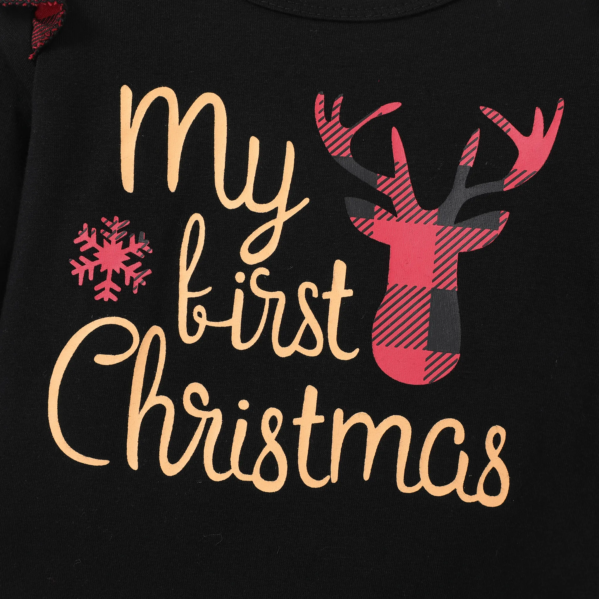 Christmas 3pcs Baby Girl 95% Cotton Ruffle Long-sleeve Graphic Black Romper and Plaid Spliced Pants with Headband Set  image 4