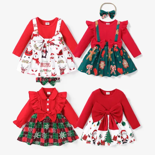 Christmas Baby Girl Childlike pattern  Bowknot Design Dress Or Skirt Set 