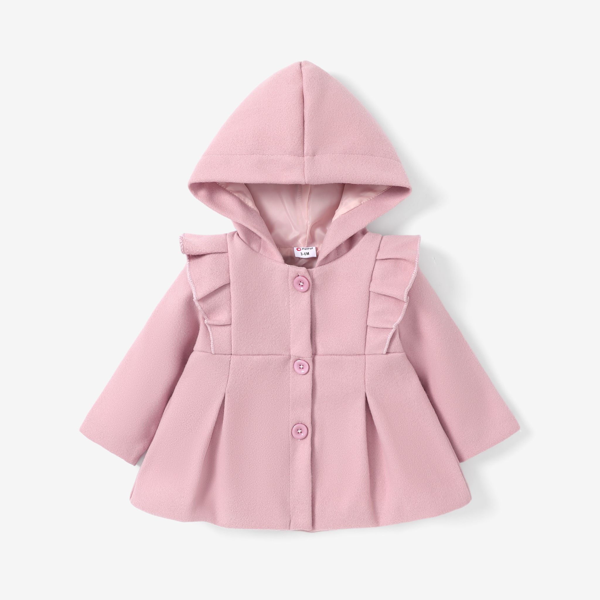 Baby Girl Pink Ruffle Trim Single Breasted Hooded Long-sleeve Coat