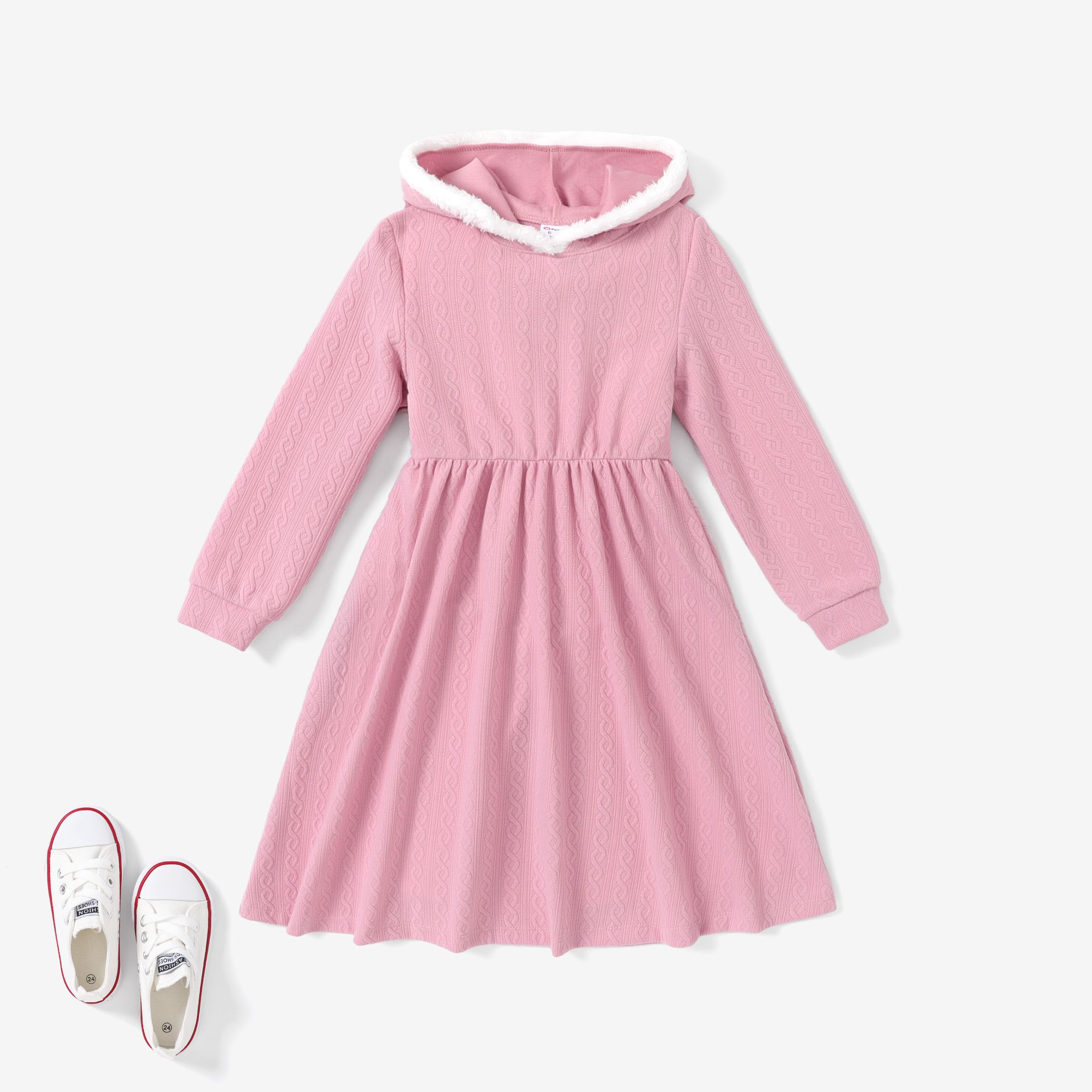 Kid Girl's Basic Solid Color Textured Material Hooded Dress