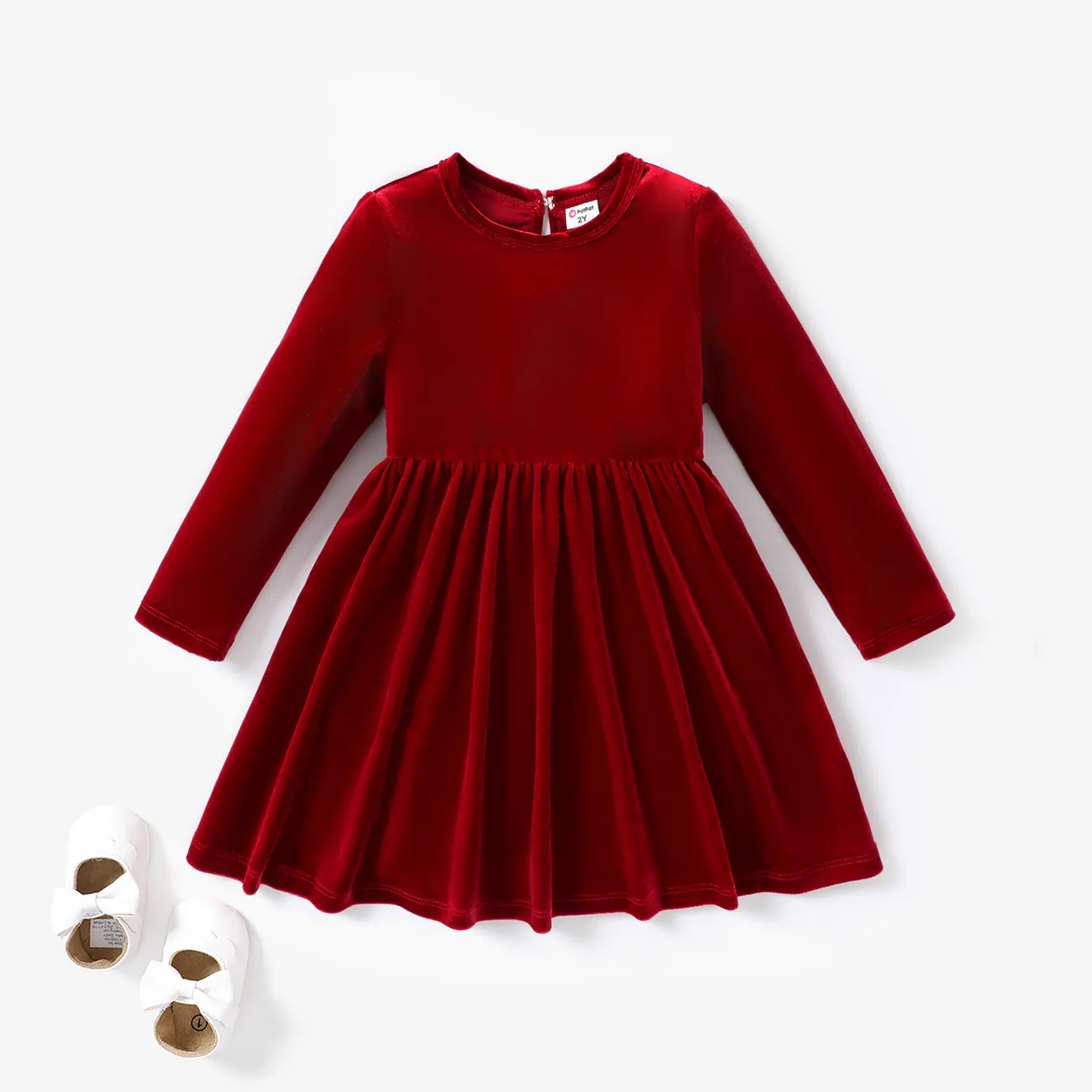 Christmas Sweet Toddler Girl Solid color Velvet material Dress Set  big image 1
