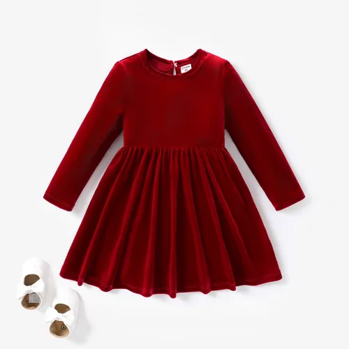Christmas Sweet Toddler Girl Solid color Velvet material Dress Set