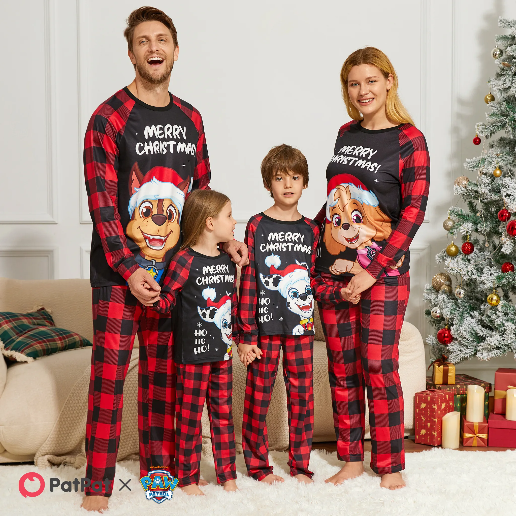 PAW Patrol Family Matching Christmas Red Plaid Long-sleeve Cartoon Graphic Pajamas Sets (Flame Resistant)