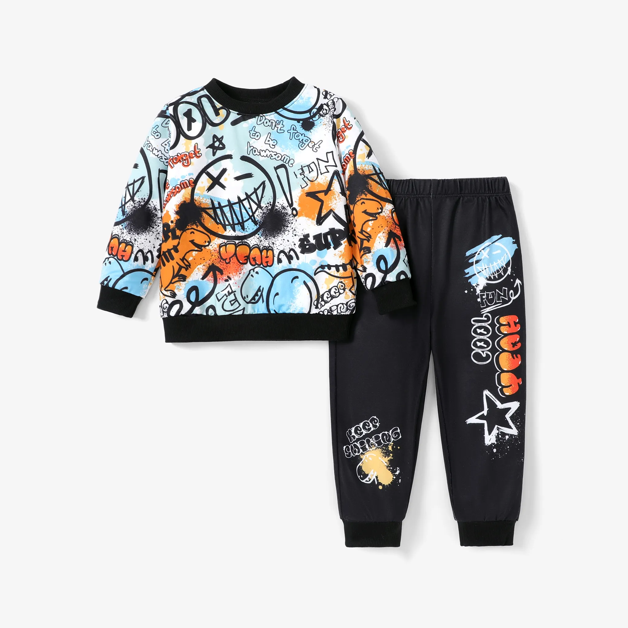 2pcs Toddler Boy Graffiti Design Dinosaur Pattern Set Multi-color image 2