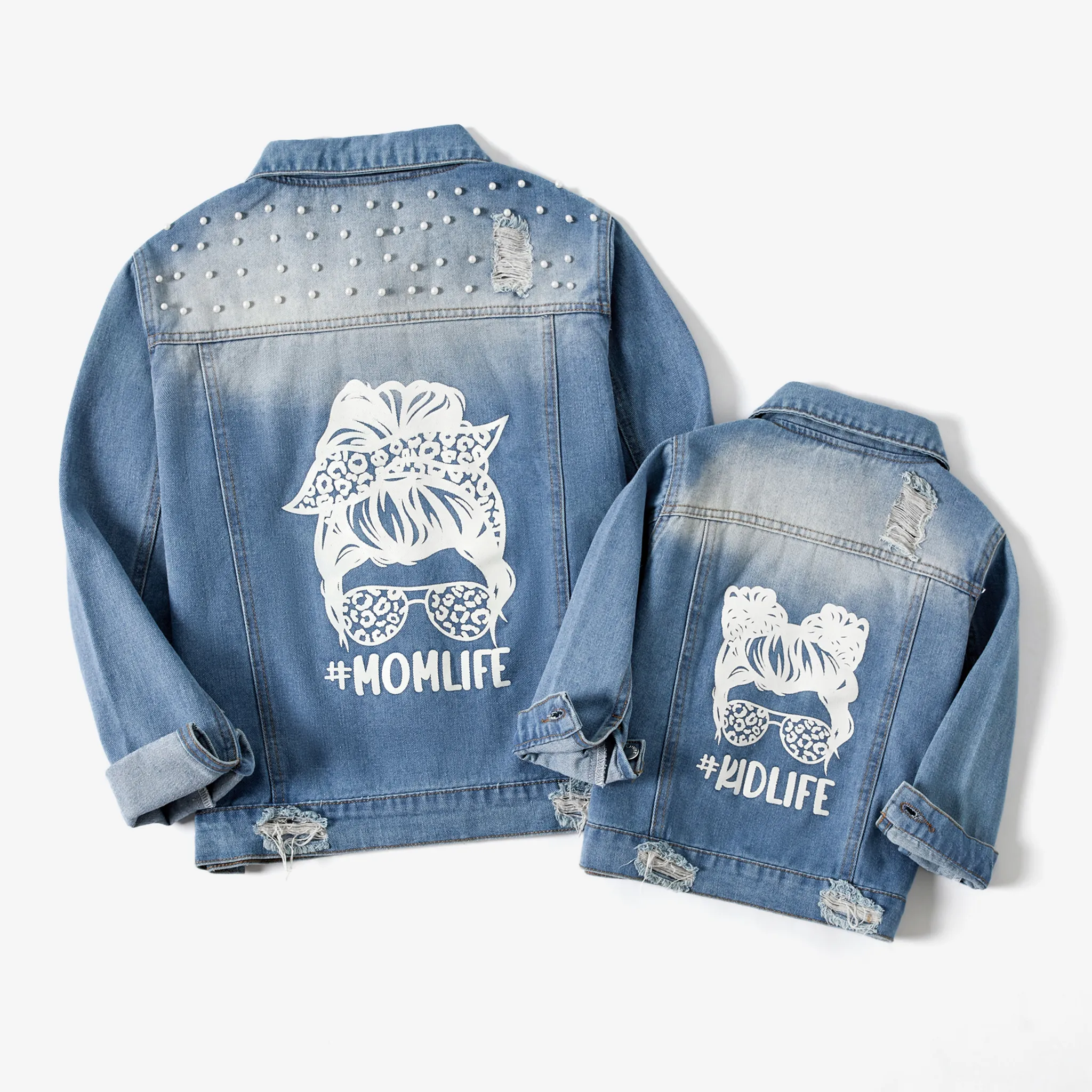 Mommy and Me Characters Print Long-sleeve Ripped Jackets Denim Coats