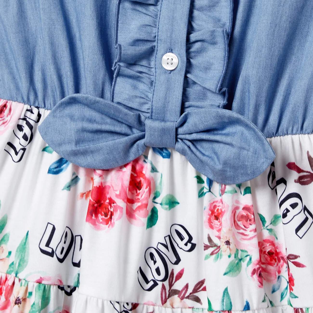 Family Matching Sets Denim Blue Shirts Letter and Floral Print Dresses with Optional Headband DENIMBLUE big image 1