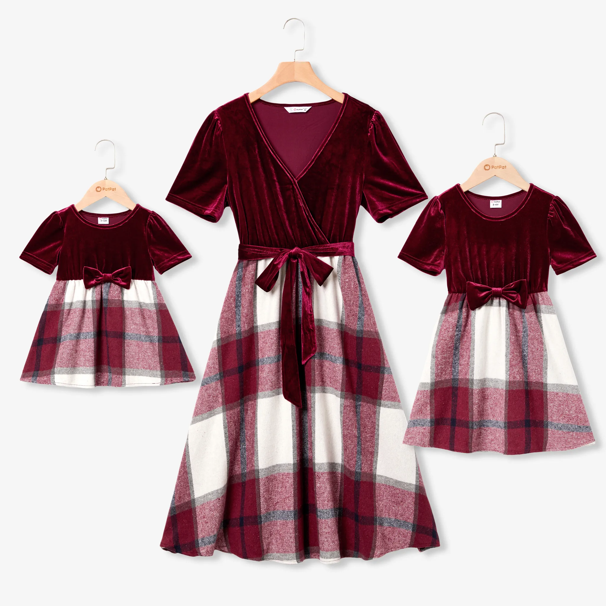 Christmas Mommy and Me V-neck Plaid Print Belted Short-sleeve Velvet Dresses
