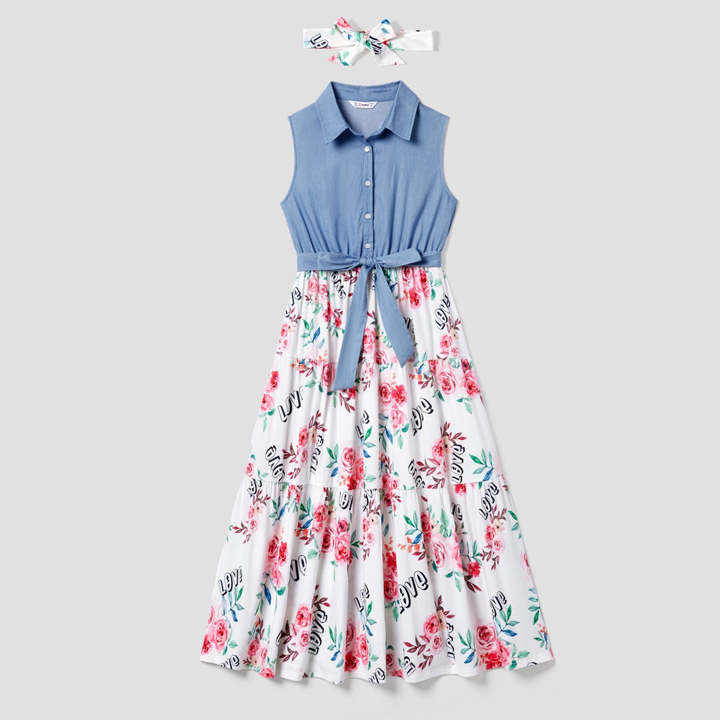 Family Matching Letter and Floral Print Splicing Denim Blue Bow Belted Sleeveless Dresses with Headb