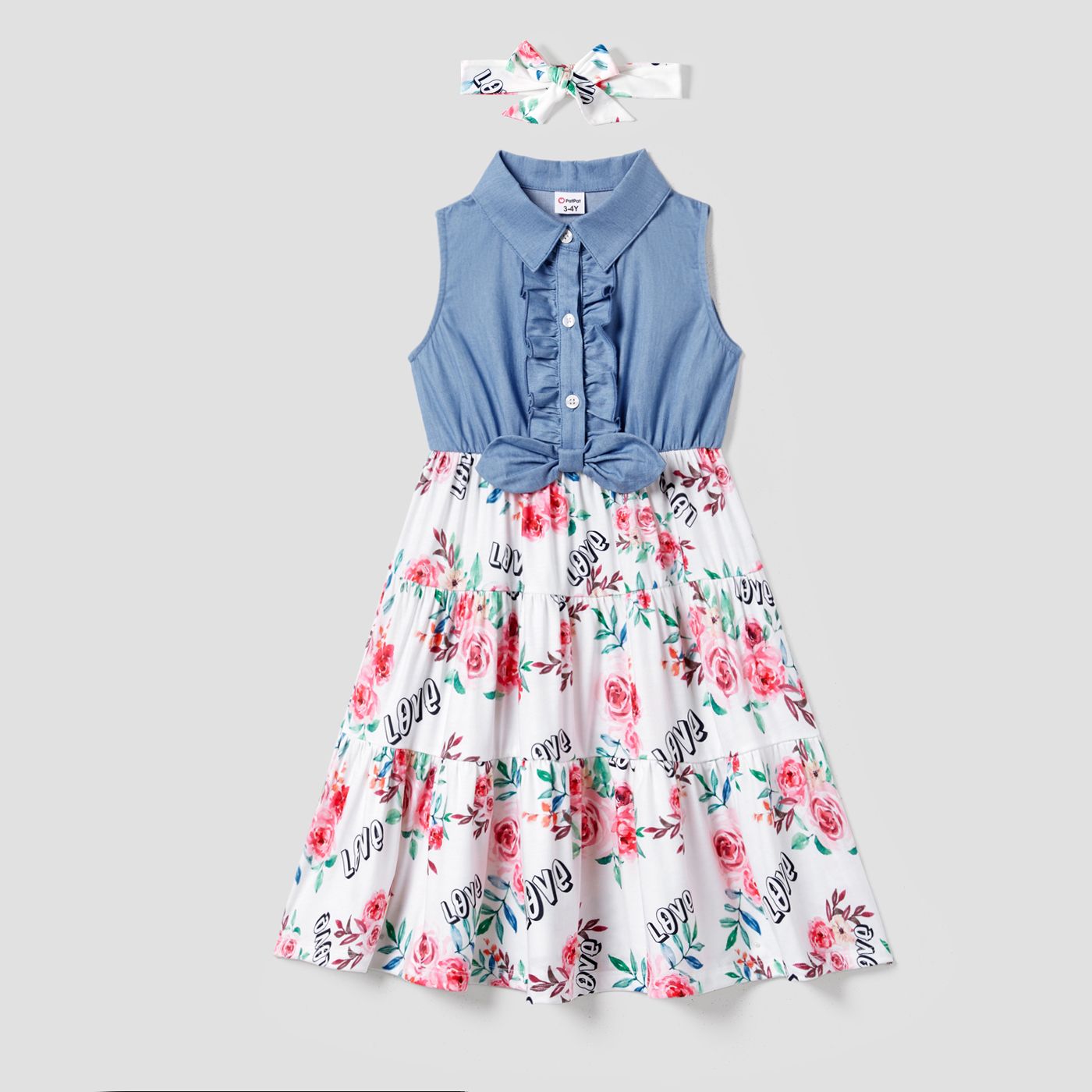 Family Matching Letter And Floral Print Splicing Denim Blue Bow Belted Sleeveless Dresses With Headband And Collared T-shirts Set