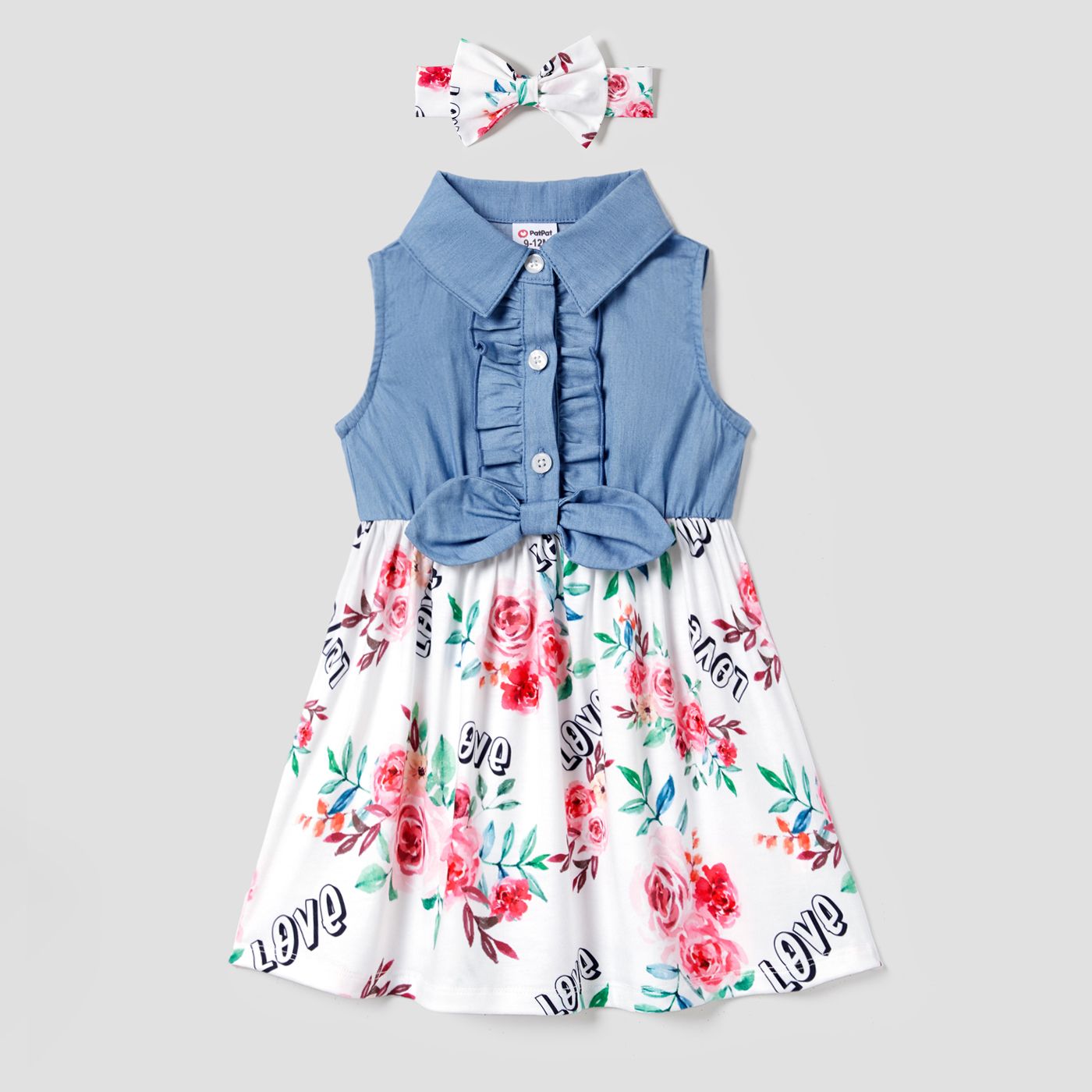 Family Matching Letter And Floral Print Splicing Denim Blue Bow Belted Sleeveless Dresses With Headband And Collared T-shirts Set