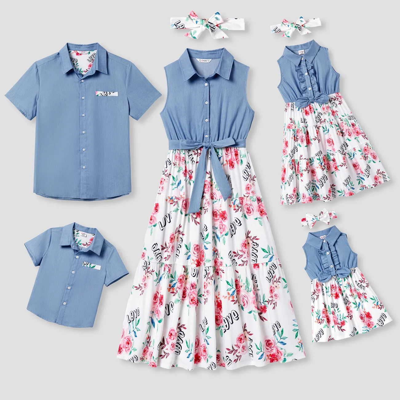 Family Matching Letter and Floral Print Splicing Denim Blue Bow Belted Sleeveless Dresses with Headband and Collared T-shirts Set DENIMBLUE big image 1