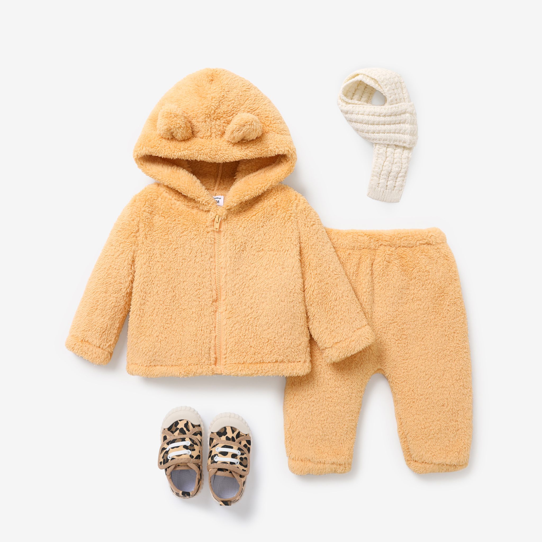 2pcs Baby Girl/Boy Solid Color Casual Fleece Hooded Set