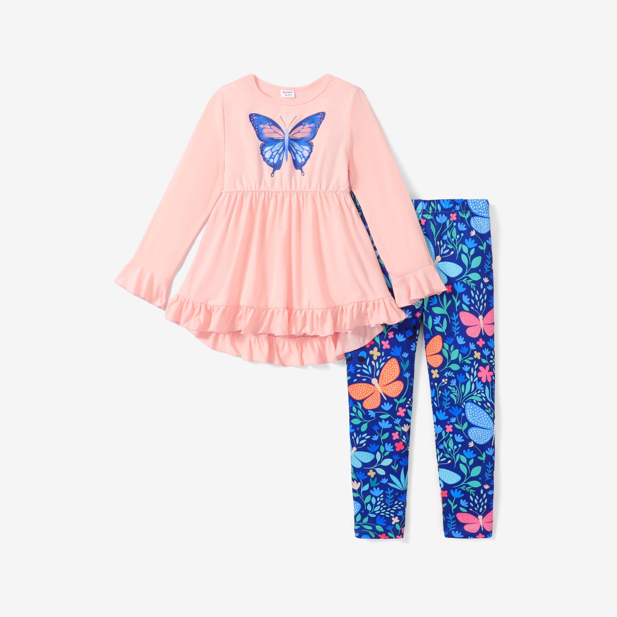2-piece Kid Girl Butterfly Print Ruffled Hem Long-sleeve Top and Leggings Set