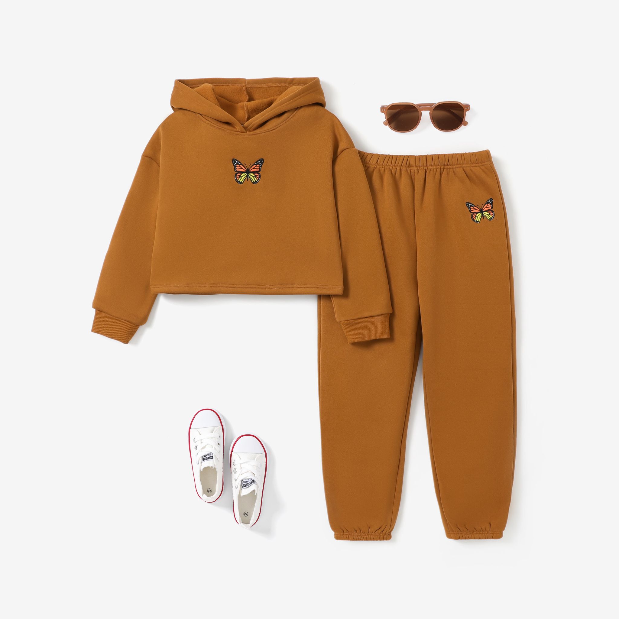 

2pcs Kid Girls Animal-pattern Butterfly Solid color Hooded Casual Suits
