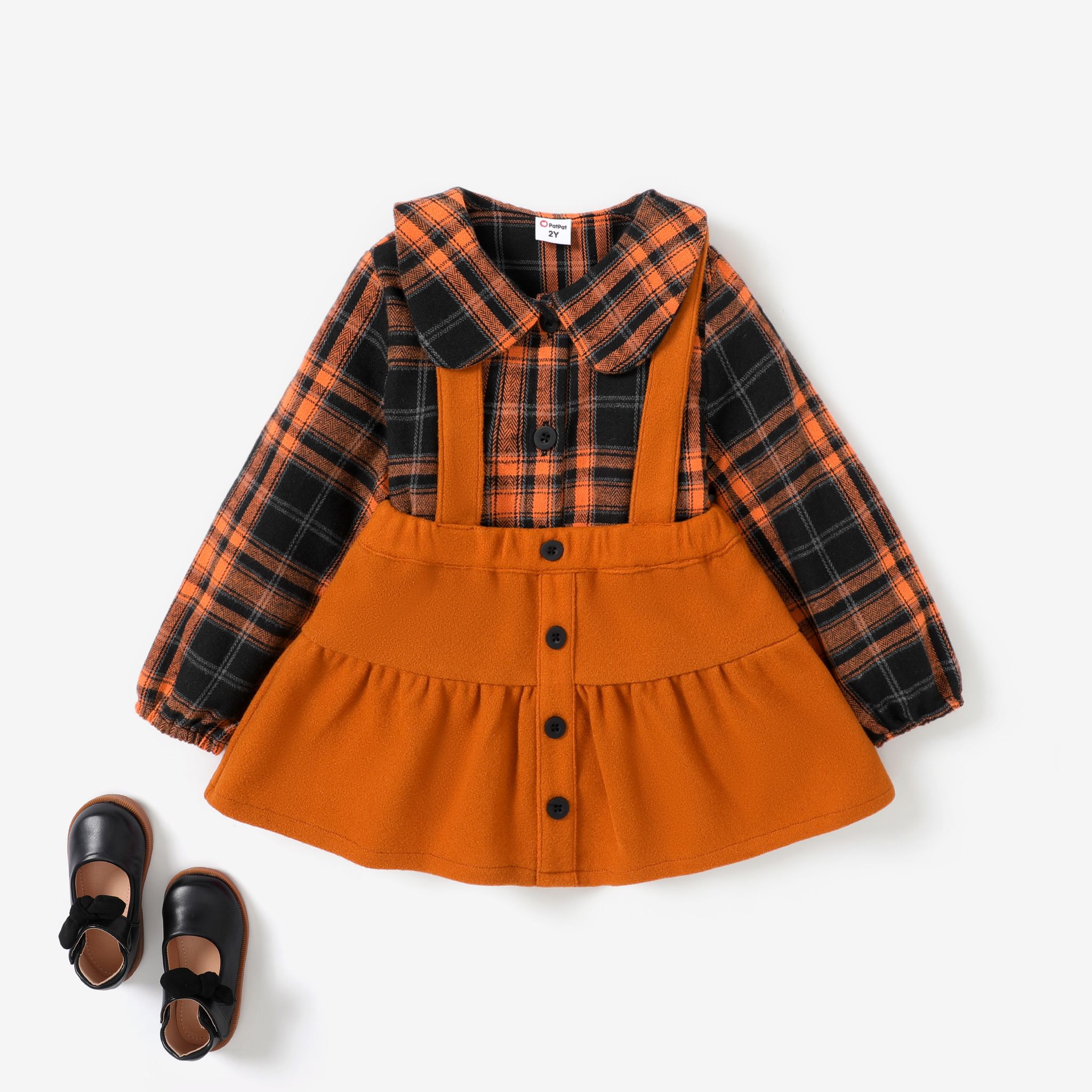 2pcs Toddler Girl's School Suit-Dress Lapel Grid/Houndstooth Long Sleeve