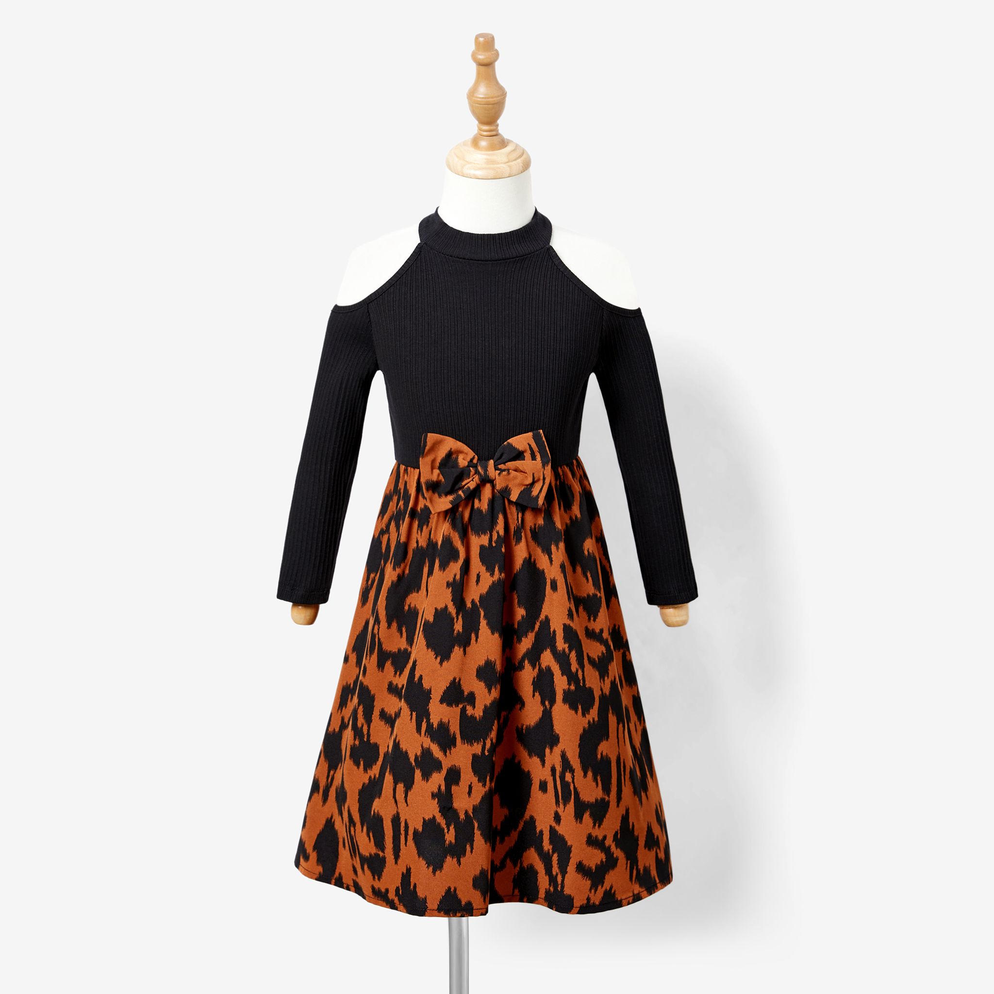 Mommy And Me Elegant Knit Splicing Leopard Print Halterneck Dresses
