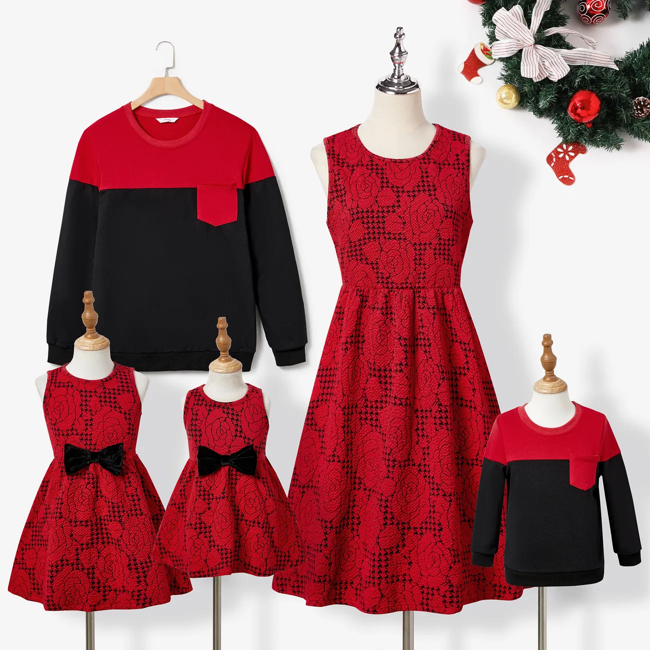 Christmas Family Matching Color-block Tops & Rose Pattern Dresses Sets Red big image 1
