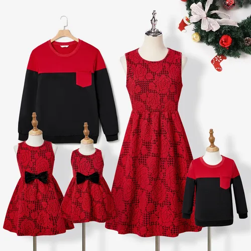 Christmas Family Matching Color-block Tops & Rose Pattern Dresses Sets