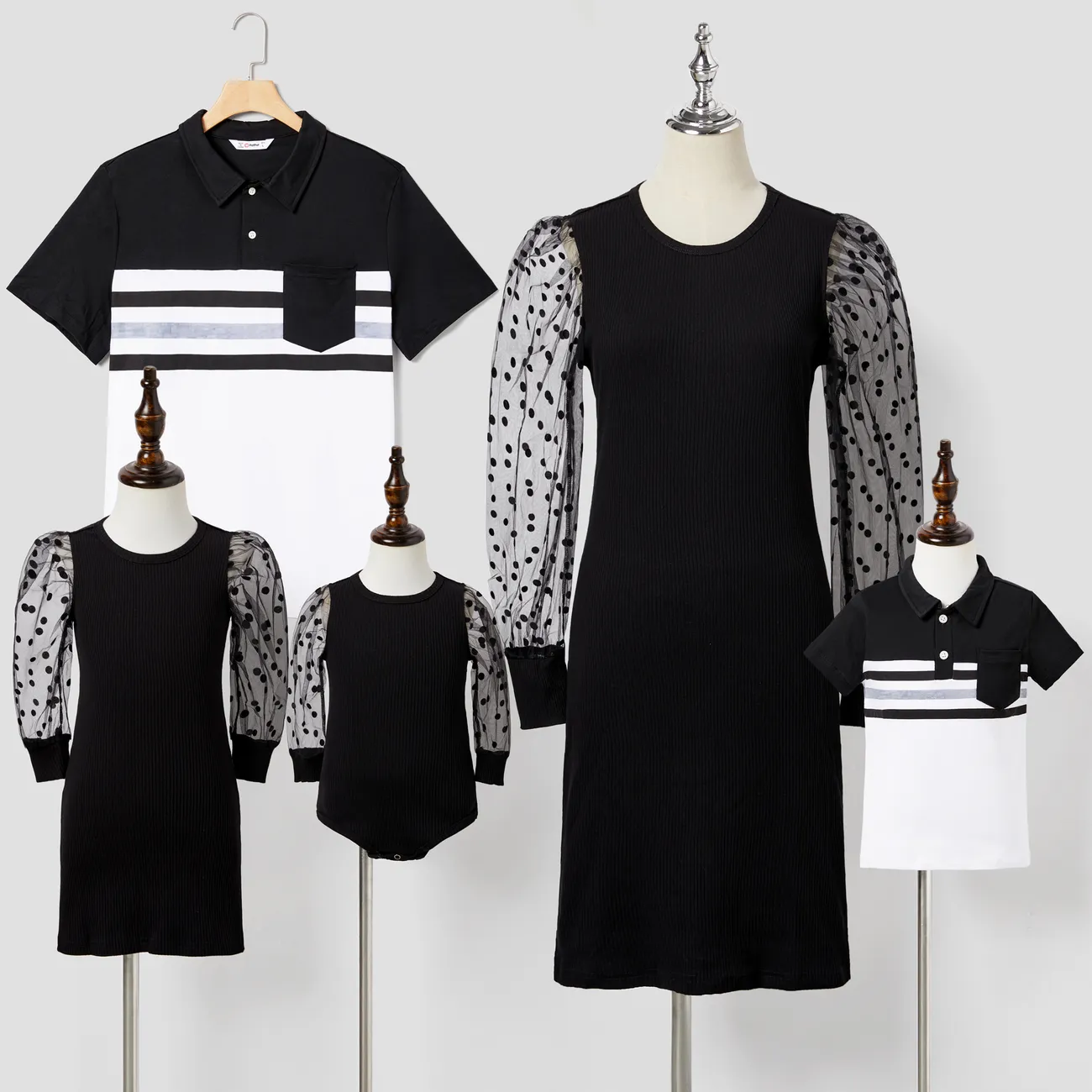  Family Matching black  dot dresses and Long-sleeve Colorblock Tops Sets  big image 1