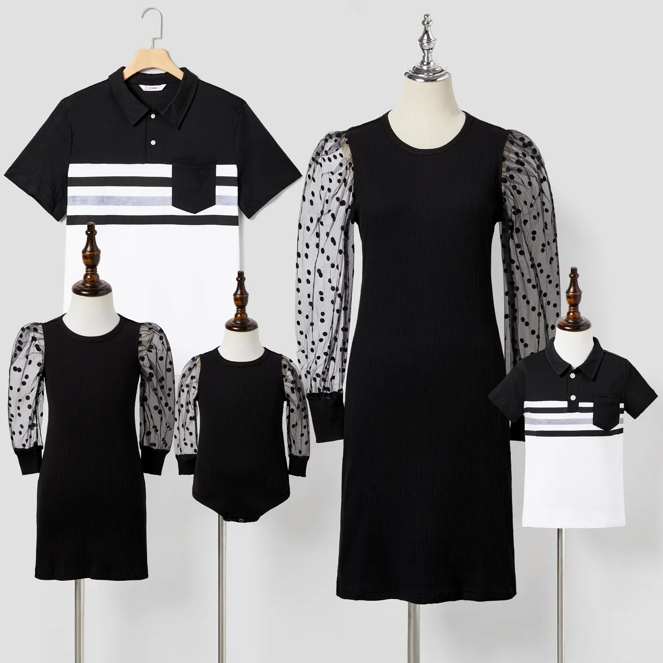 Family Matching black dot dresses and Long-sleeve Colorblock Tops Sets big image 1