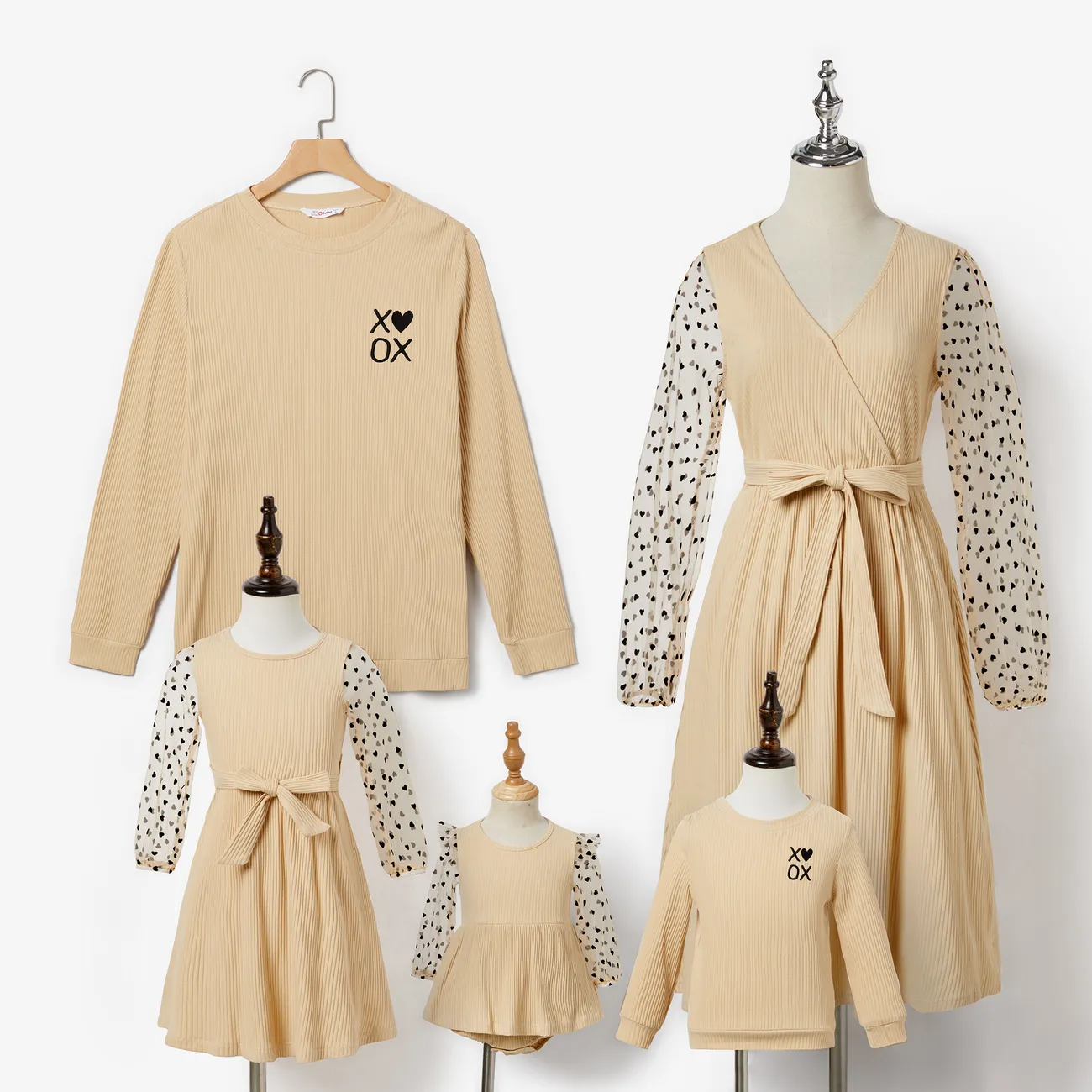Family Matching Long Sleeve Casual Solid Letters Print Top and V-neck Polka Dot Sleeve Splicing Belted Dresses Sets Apricot big image 1