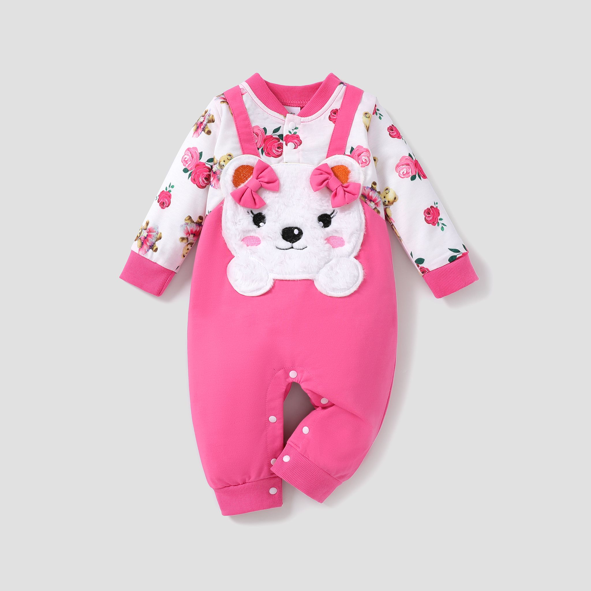 Baby Girl Sweet Hyper-Tactile Bear Pattern Fabric Stitching Jumpsuit