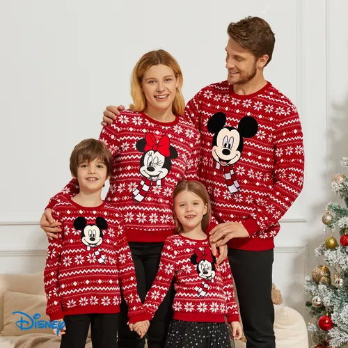 Disney Mickey and Friends Christmas Family Matching Snowflake Character Print Plush Crew Neck Sweatshirt