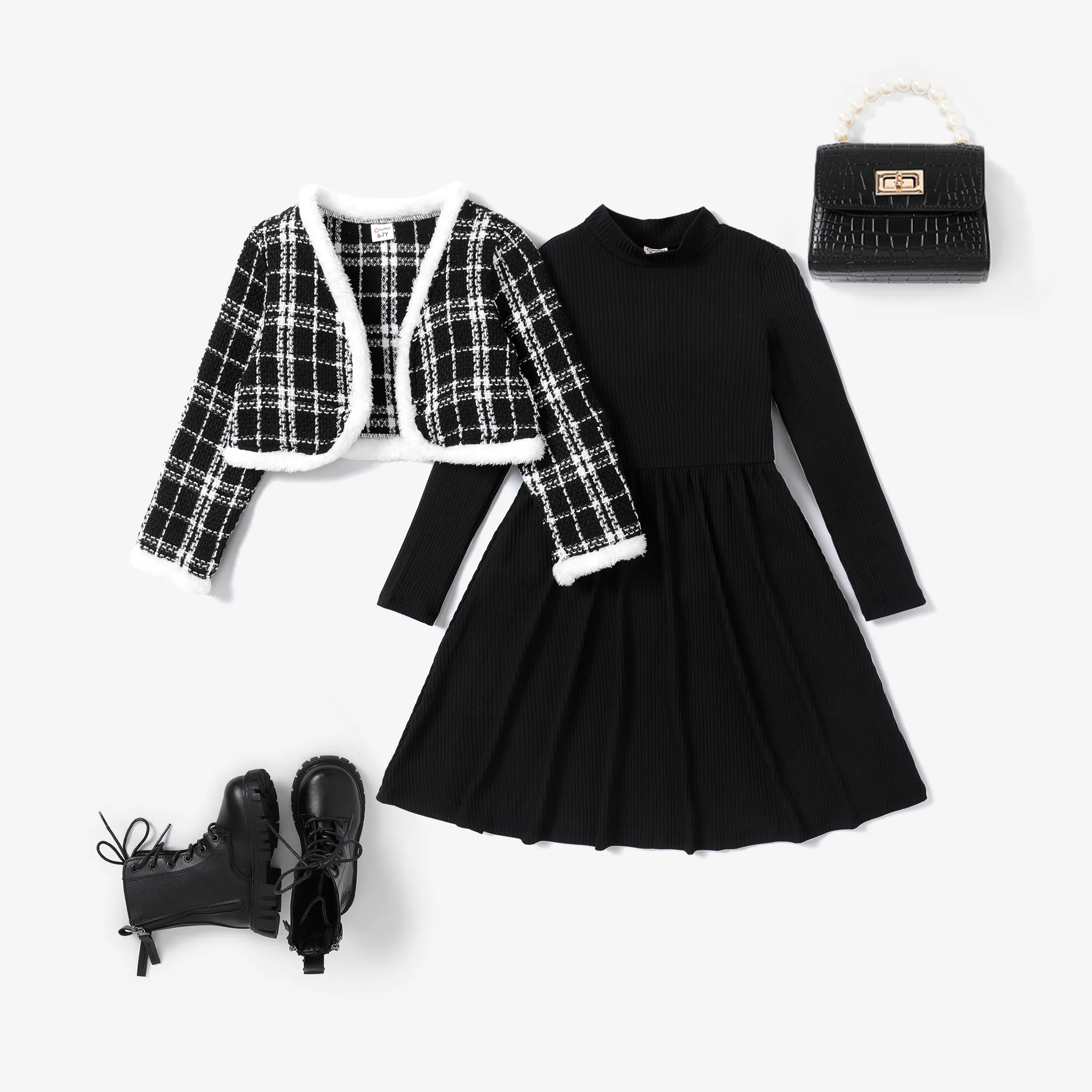  2pcs Kid Girl's Preppy style Grid pattern Stand Collar Dress Suit