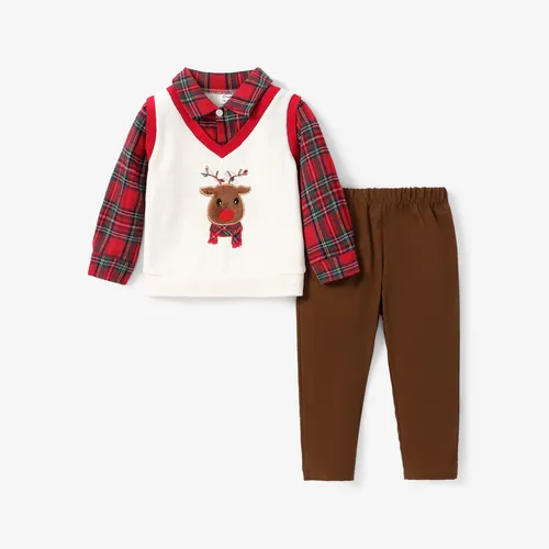 Conjunto de patrón de ciervo y cuadros en capas de imitación navideña para bebés/sombrero y bufanda/zapatos