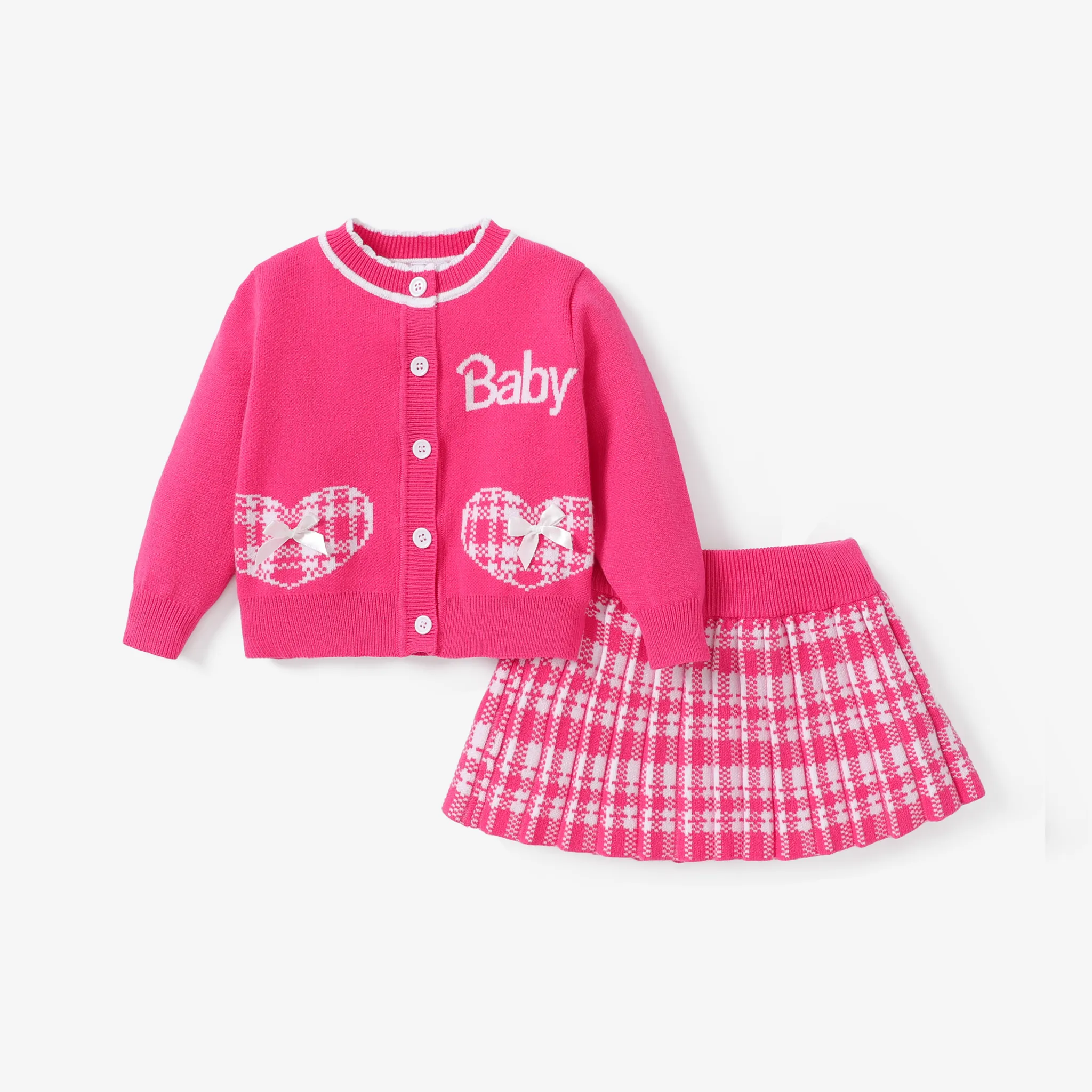 Baby Girl Sweet Grid Sweater Dress Set With Pleat Detail