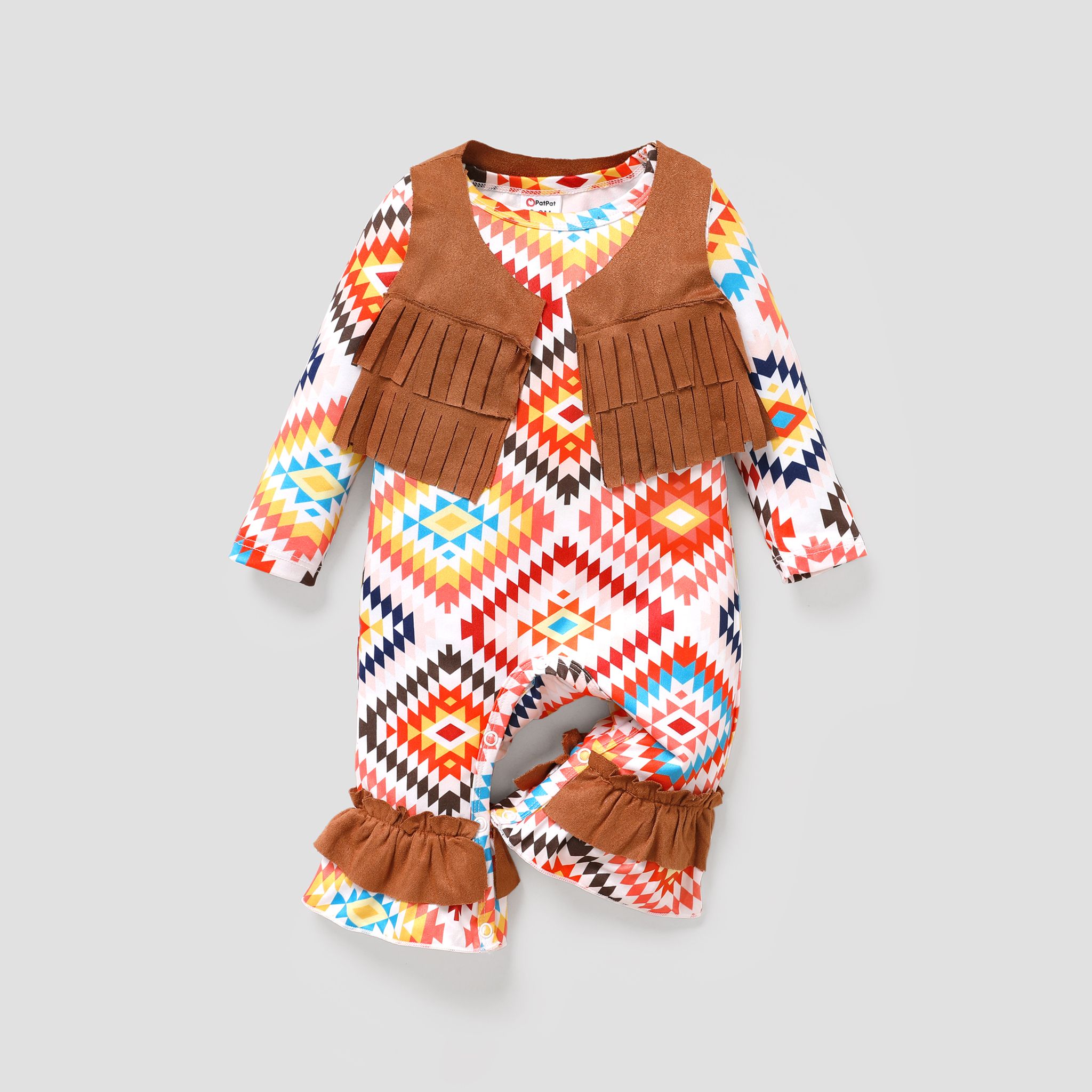 2pcs Baby Girl Tassel Vest And Bohemia Pattern Long Sleeve Jumpsuit