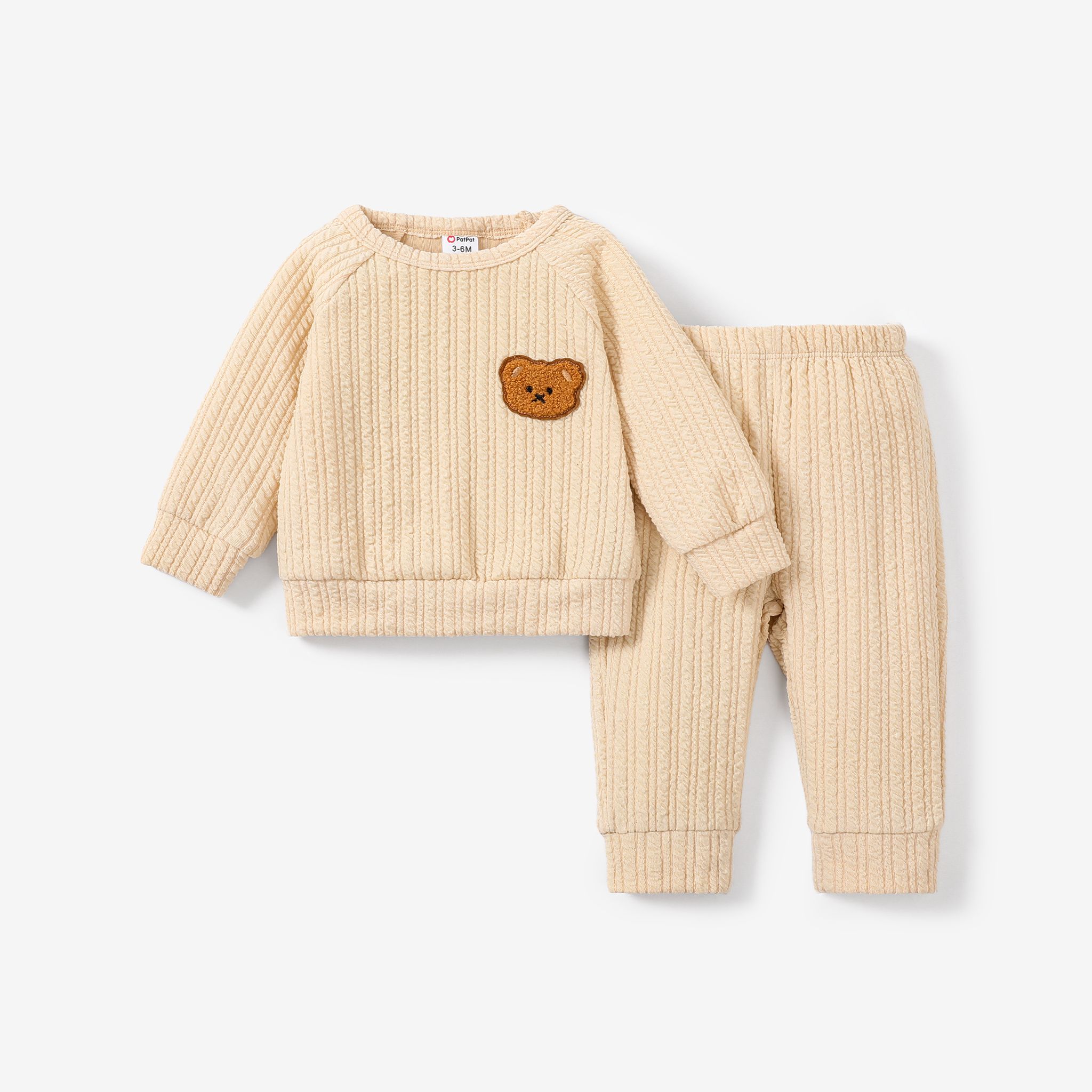 2pcs Baby Girl / Boy Bear Brodé Texturé Haut Et Pantalon Set