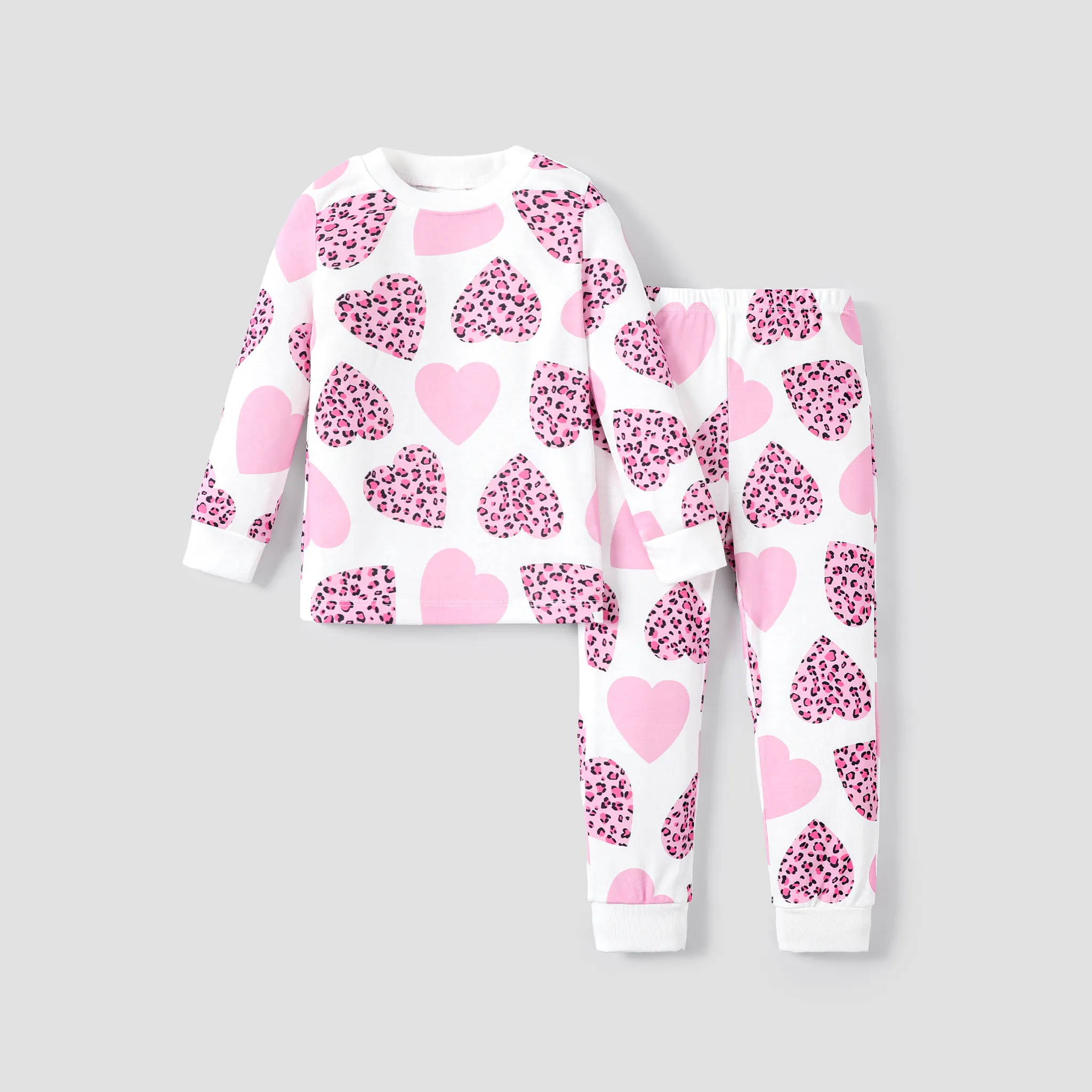 2pcs Toddler/Kid Girl Sweet Heart And Leopard Tight Pajamas(one Size Larger Is Recommended)