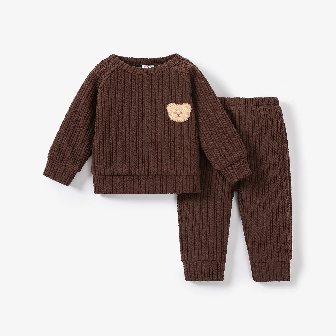 2pcs Baby Girl/Boy Bear Embroidered Textured Top and Pants Set Brown big image 1