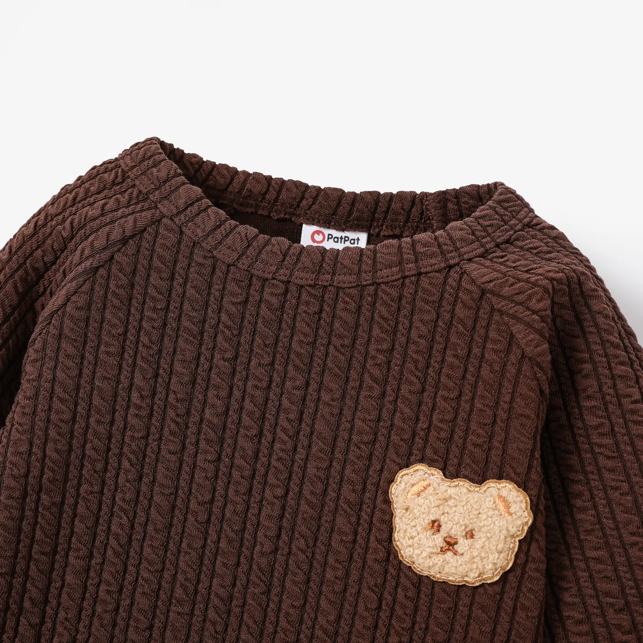 2pcs Baby Girl/Boy Bear Embroidered Textured Top and Pants Set Brown big image 1