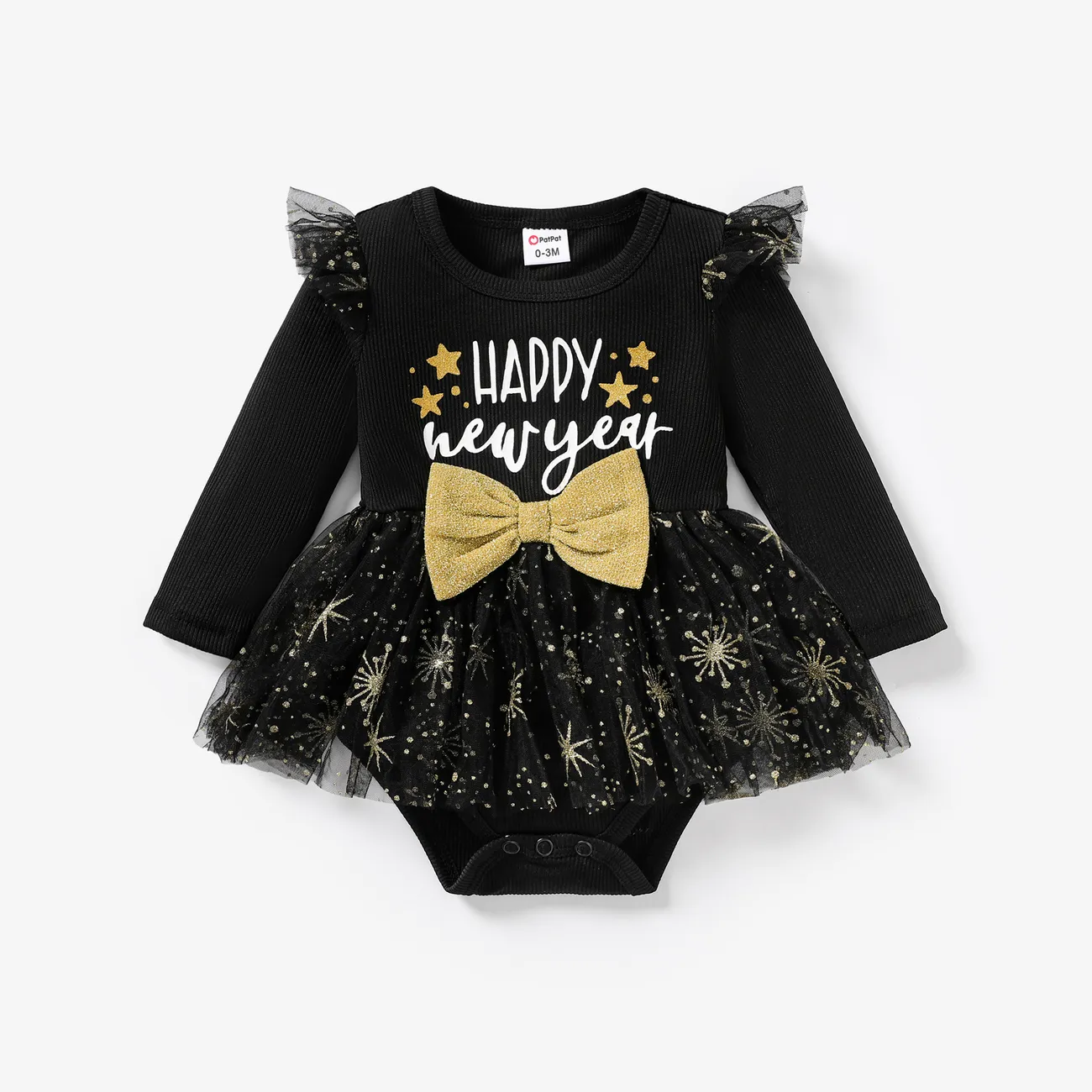 Baby Girl Sweet New Year Pattern Butterfly Bow Ruffle Mesh Romper Black big image 1