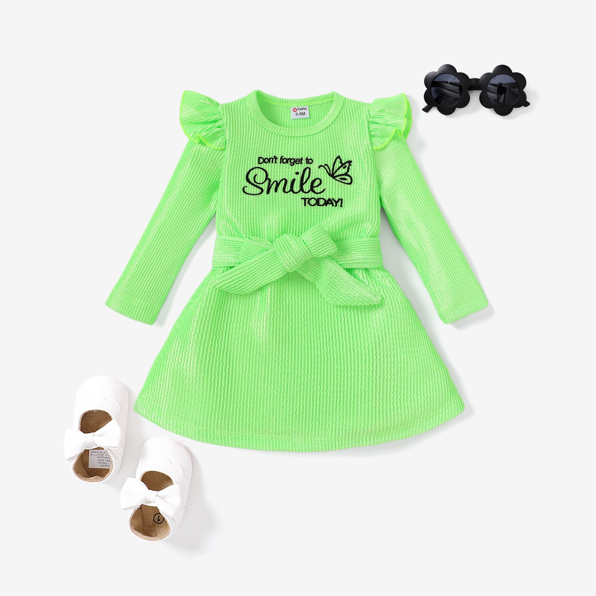 2pcs Sweet Baby Girl Flutter Sleeve Letter Pattern Dress With Belt