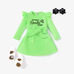 2pcs Sweet Baby Girl Flutter Sleeve Letter Pattern Dress with Belt Green