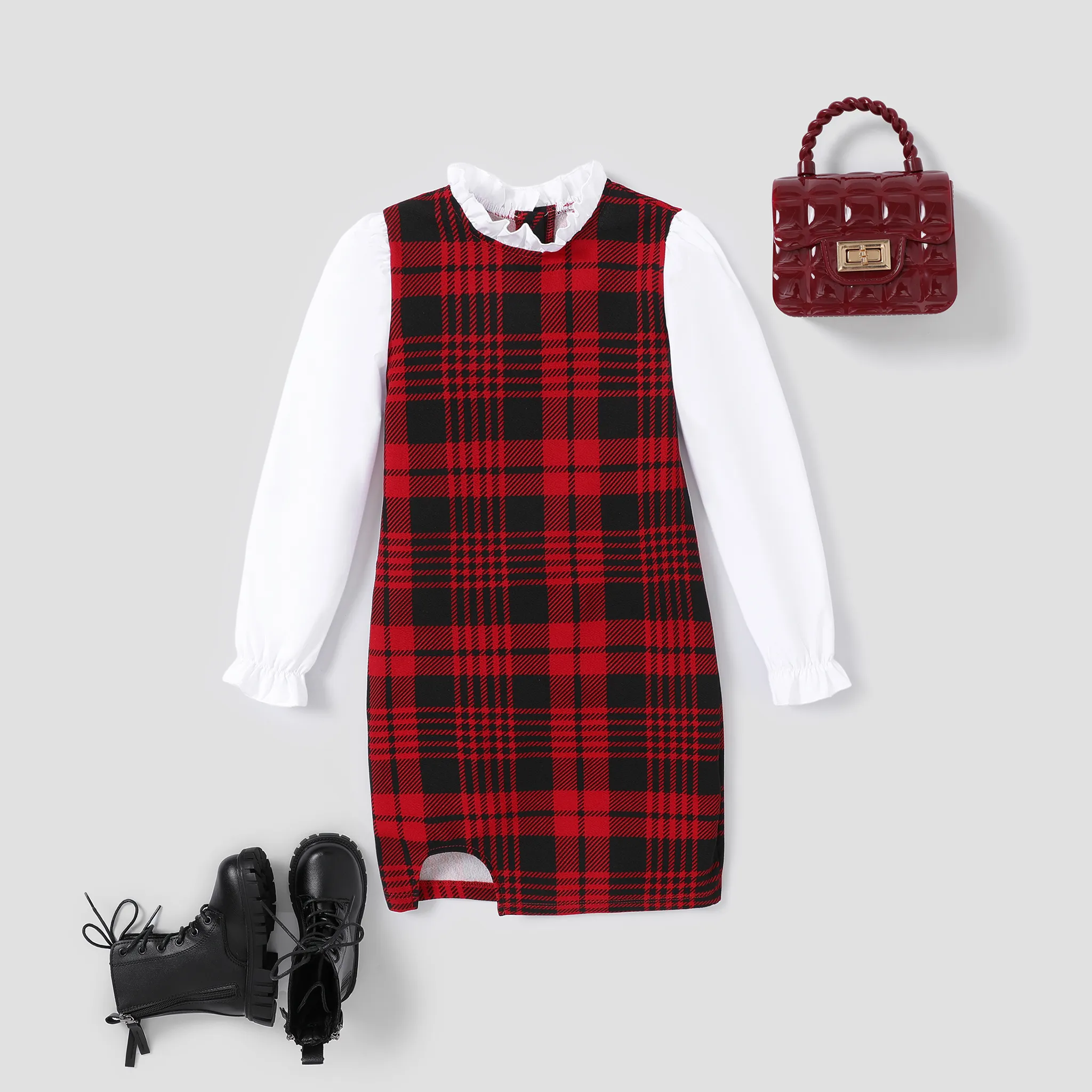 Christmas Kid Girl's Grid Houndstooth Dress with Agaric Edge