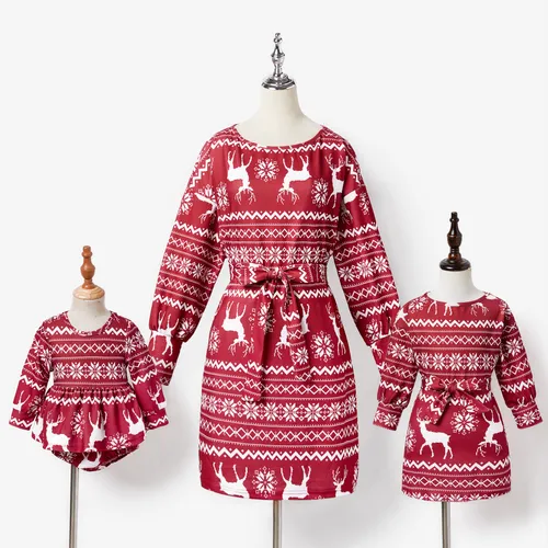 Christmas Mommy and Me Reindeer & Snowflake Print Long-sleeve Dresses