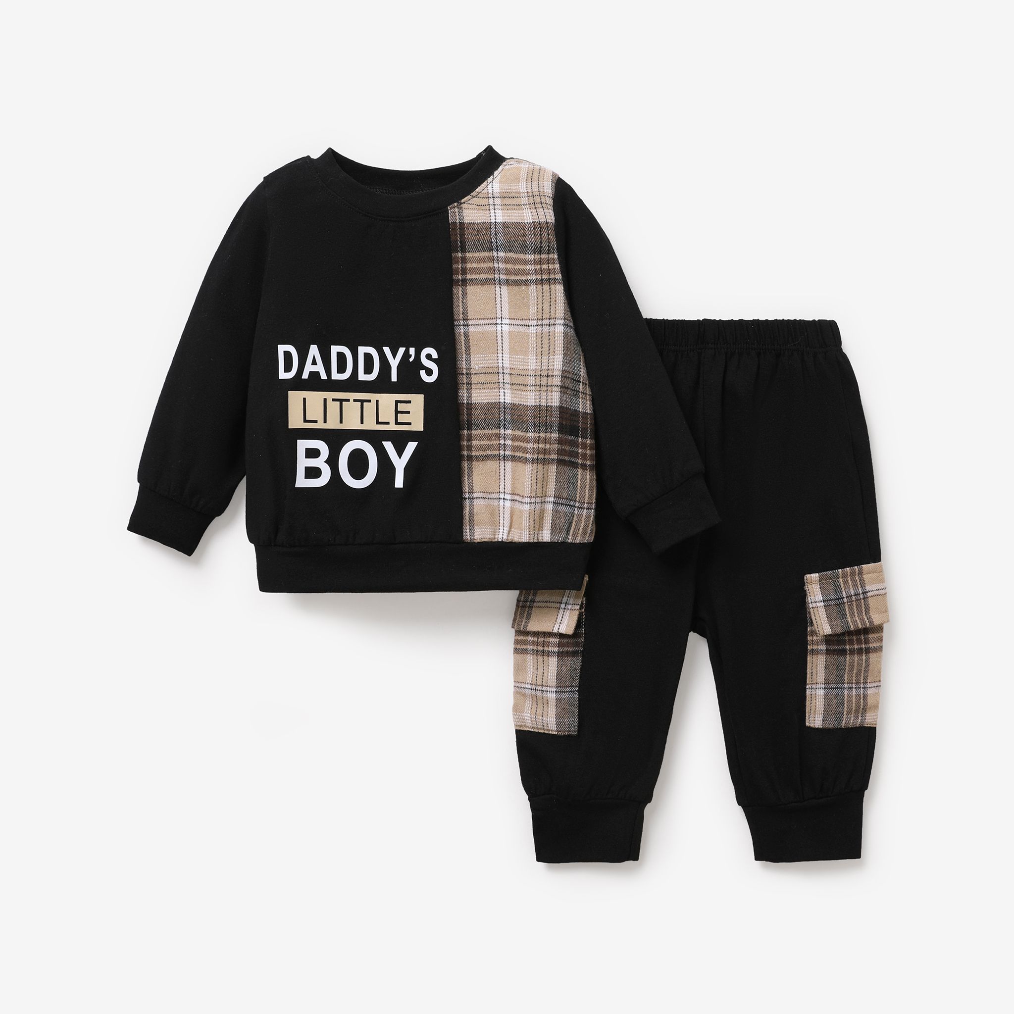 2pcs Baby Boy Cotton Letters Print Plaid Panel Long-sleeve Top And Cargo Pants Set