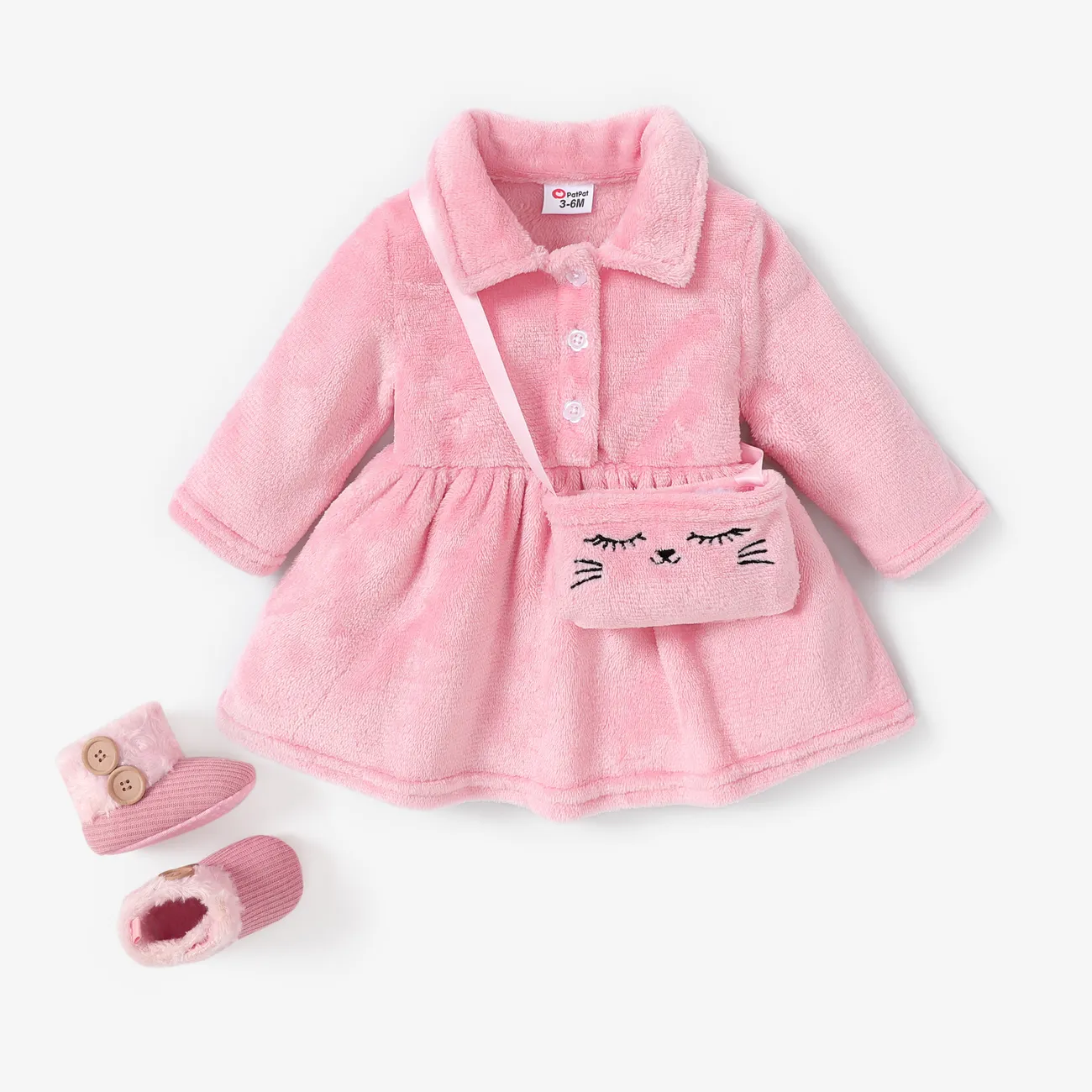 2pcs Baby Girl Solid color Button Collar Soft Fuzzy Dress with Cute Cat Bag Pink big image 1
