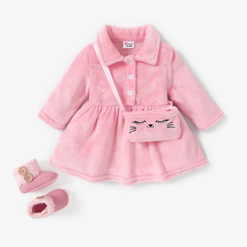 2pcs Baby Girl Solid color Button Collar Soft Fuzzy Dress with Cute Cat Bag