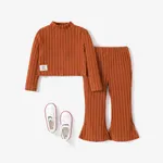 2pcs Toddler Girl's Solid Color Stand Collar Tshirt and Flares Set Orange