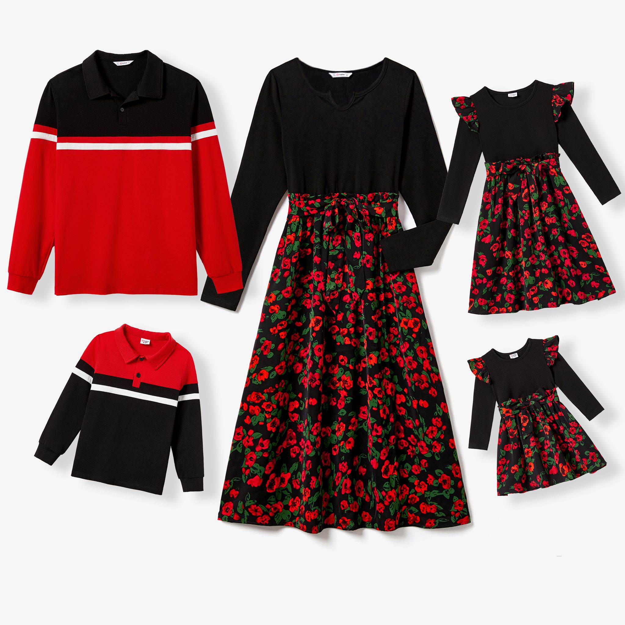 Family Matching Long-sleeve Color-block Polo Shirt And Floral Print Dresses Sets