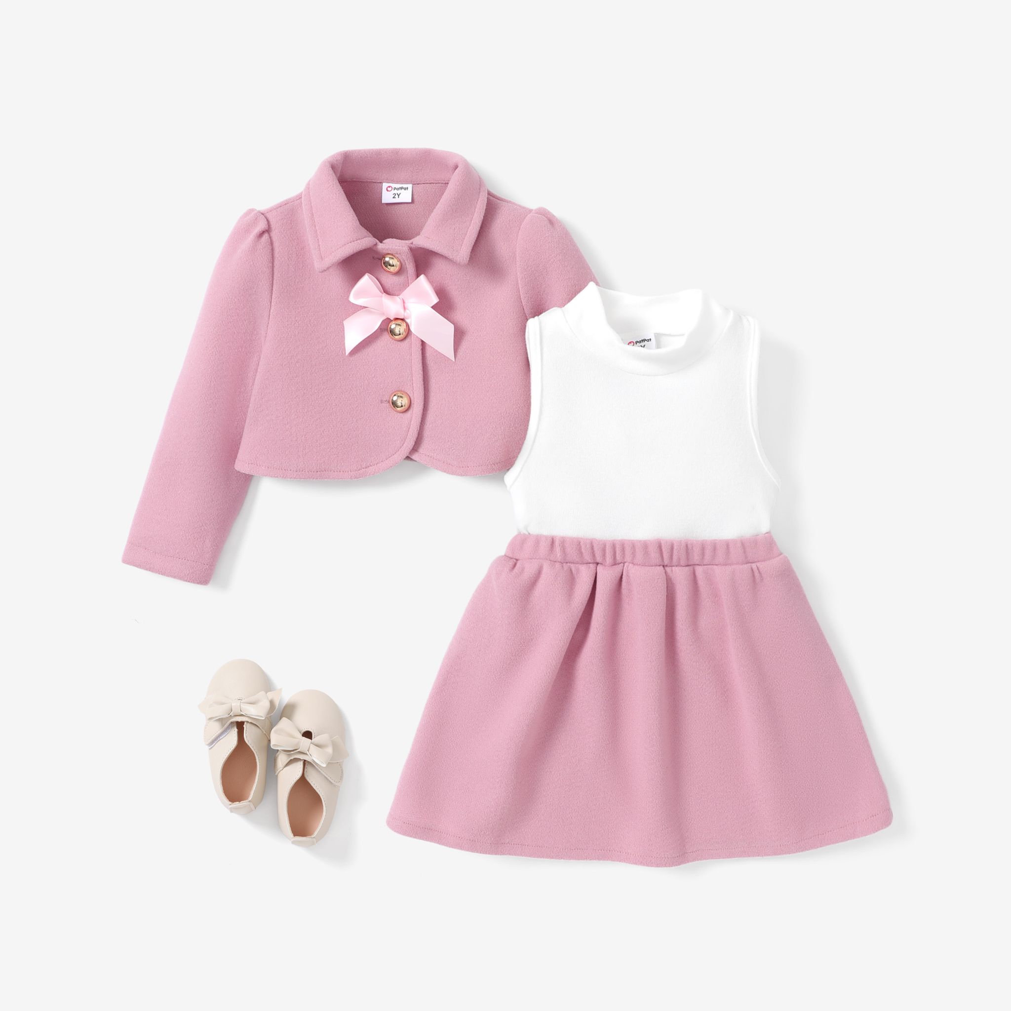 2pcs Toddler Girl's Sweet Preppy Style Button Desgin Solid Color Dress Set
