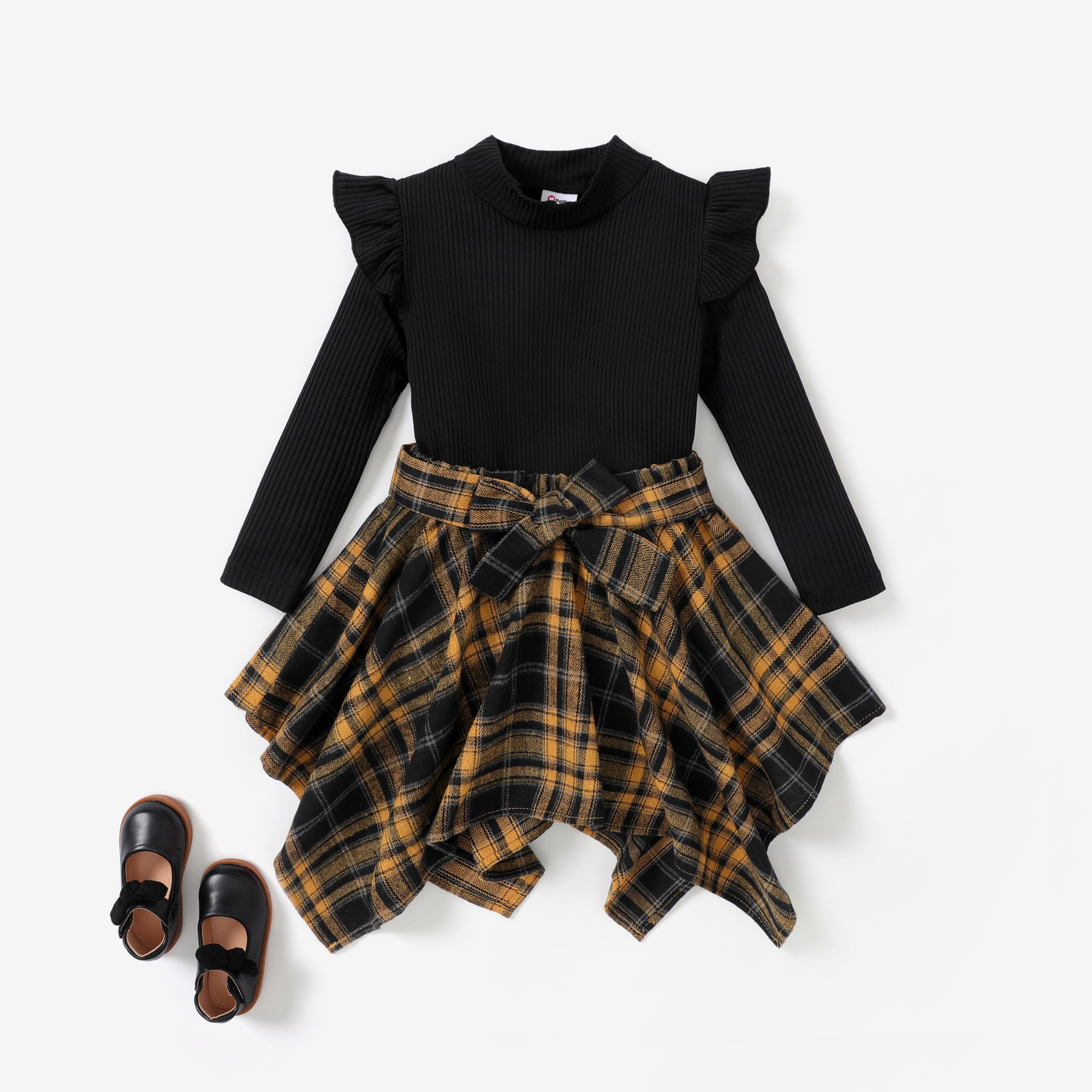 2pcs Toddler Girl Preppy Style Ruffle Edged Tshirt And Grid Pattern Elegant Dress Set